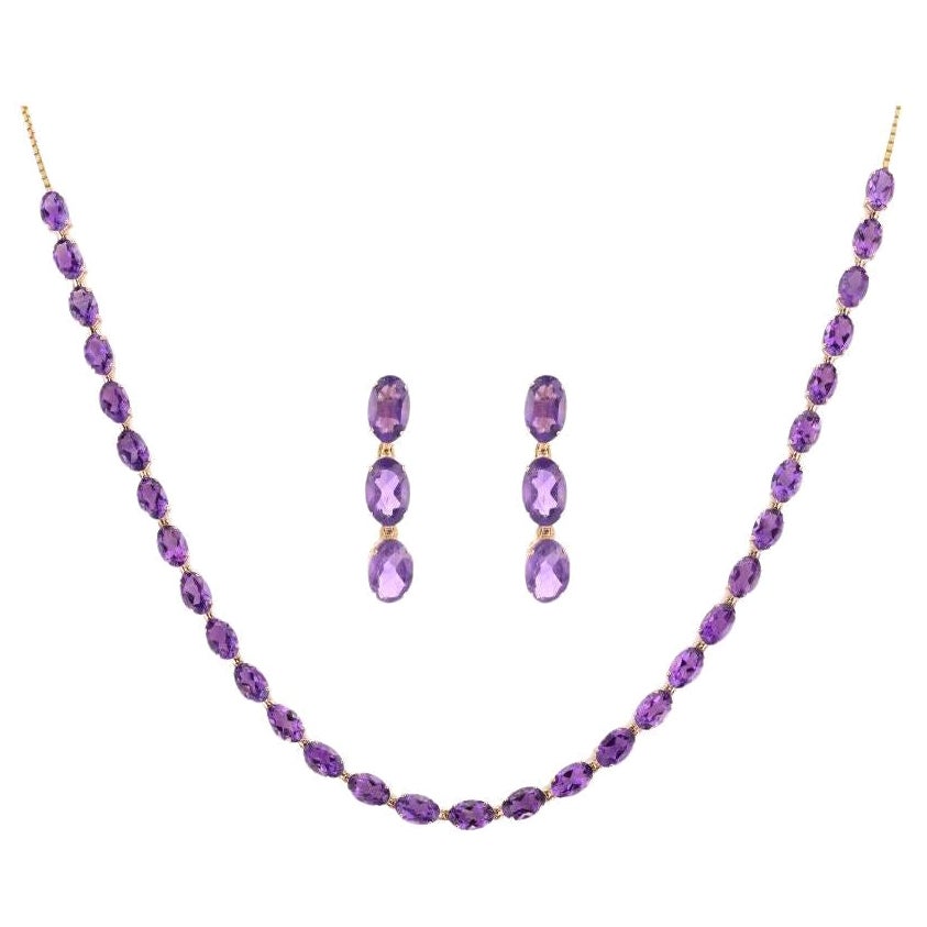 14k Solid Yellow Gold 15.15ct Amethyst Earrings and Necklace Jewelry Set For Sale