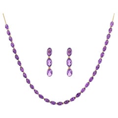 14k Solid Yellow Gold 15.15ct Amethyst Earrings and Necklace Jewelry Set