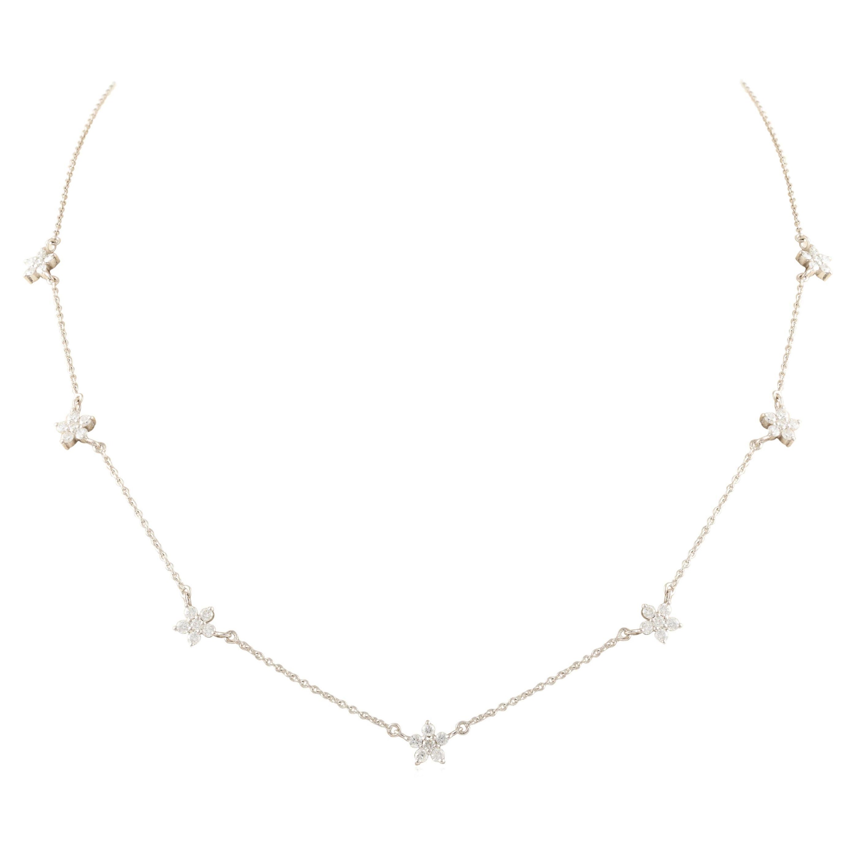 14k Solid White Gold Star Diamond Chain Necklace Gift For Her en vente