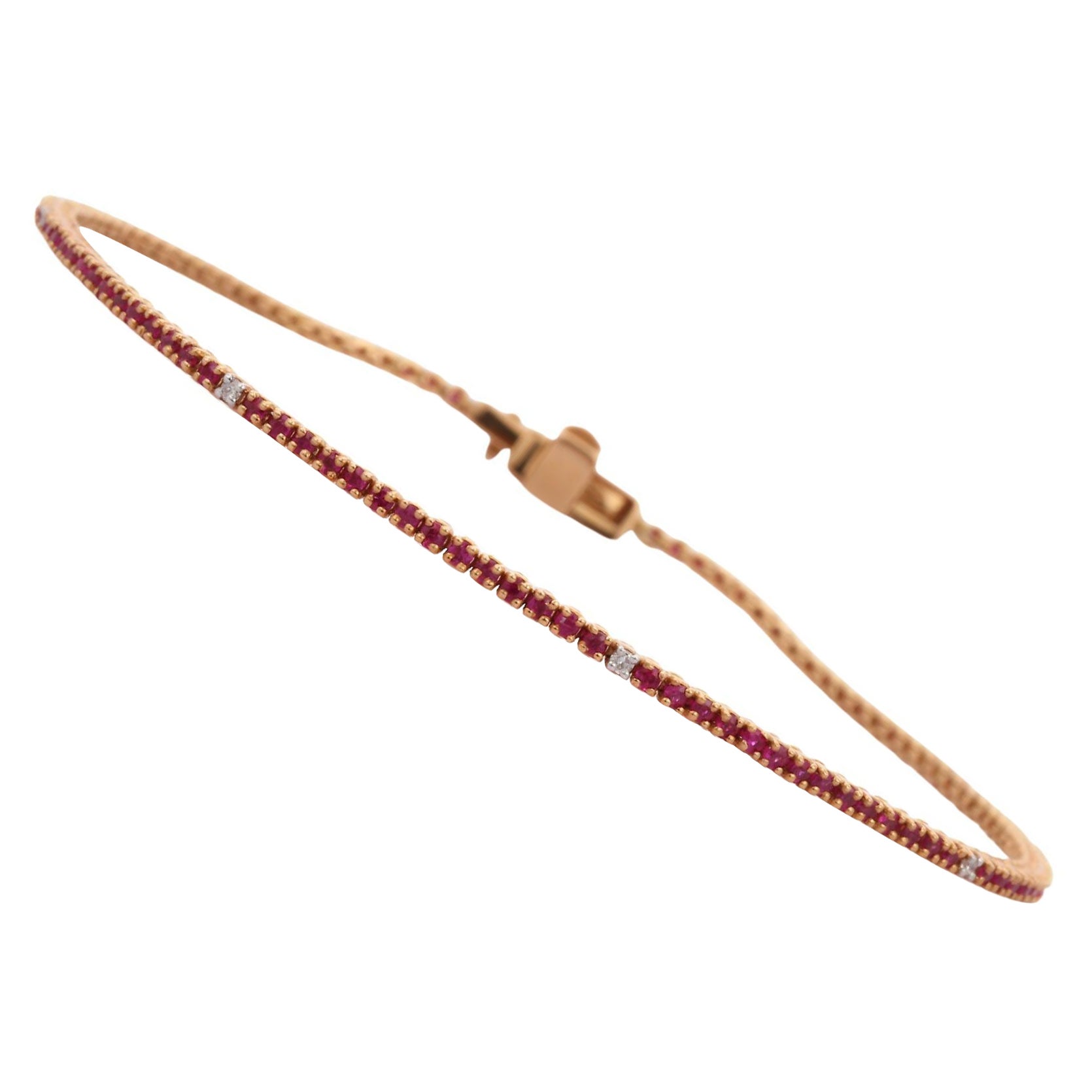 Bracelet tennis empilable en or rose massif 18 carats, avec rubis rond et diamants en vente