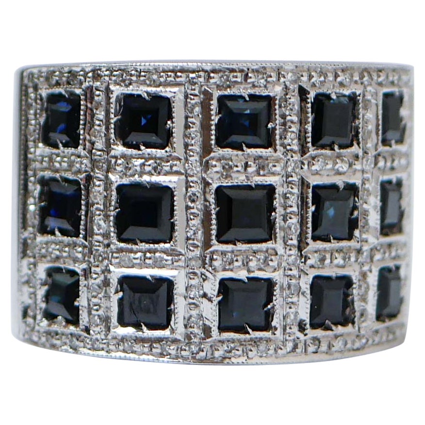 Sapphires, Diamonds, 14 Karat White Gold Band Ring.