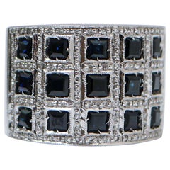 Retro Sapphires, Diamonds, 14 Karat White Gold Band Ring.