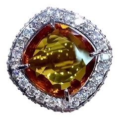 AIG Certified 15.00 Carats Orange Sapphire  3.70 Ct Diamonds 18K Gold Ring