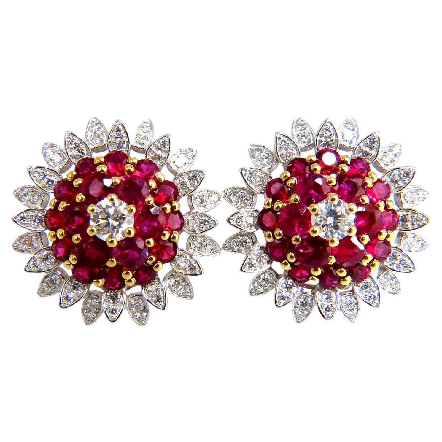 6.26ct Natural Vivid Red Ruby Diamond Domed Cluster Clip Earrings 18kt For Sale