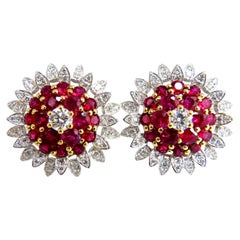 6.26ct Natural Vivid Red Ruby Diamond Domed Cluster Clip Earrings 18kt