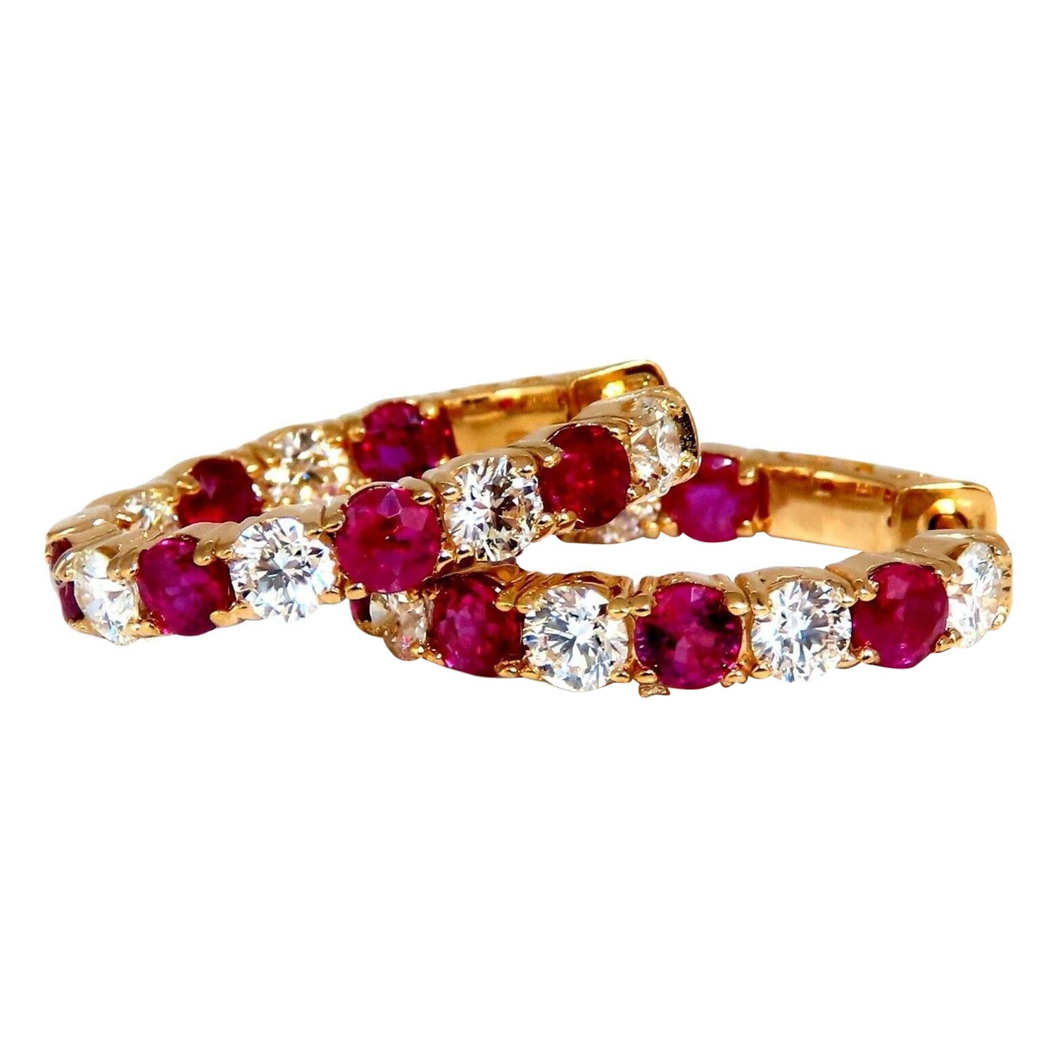 4.90ct Natural Ruby Diamonds Elongated Hoop Earrings 14kt Yellow Gold Inside Out For Sale