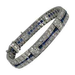 Charming Deco Style Three Row Diamond and Sapphire Bracelet in Platinum