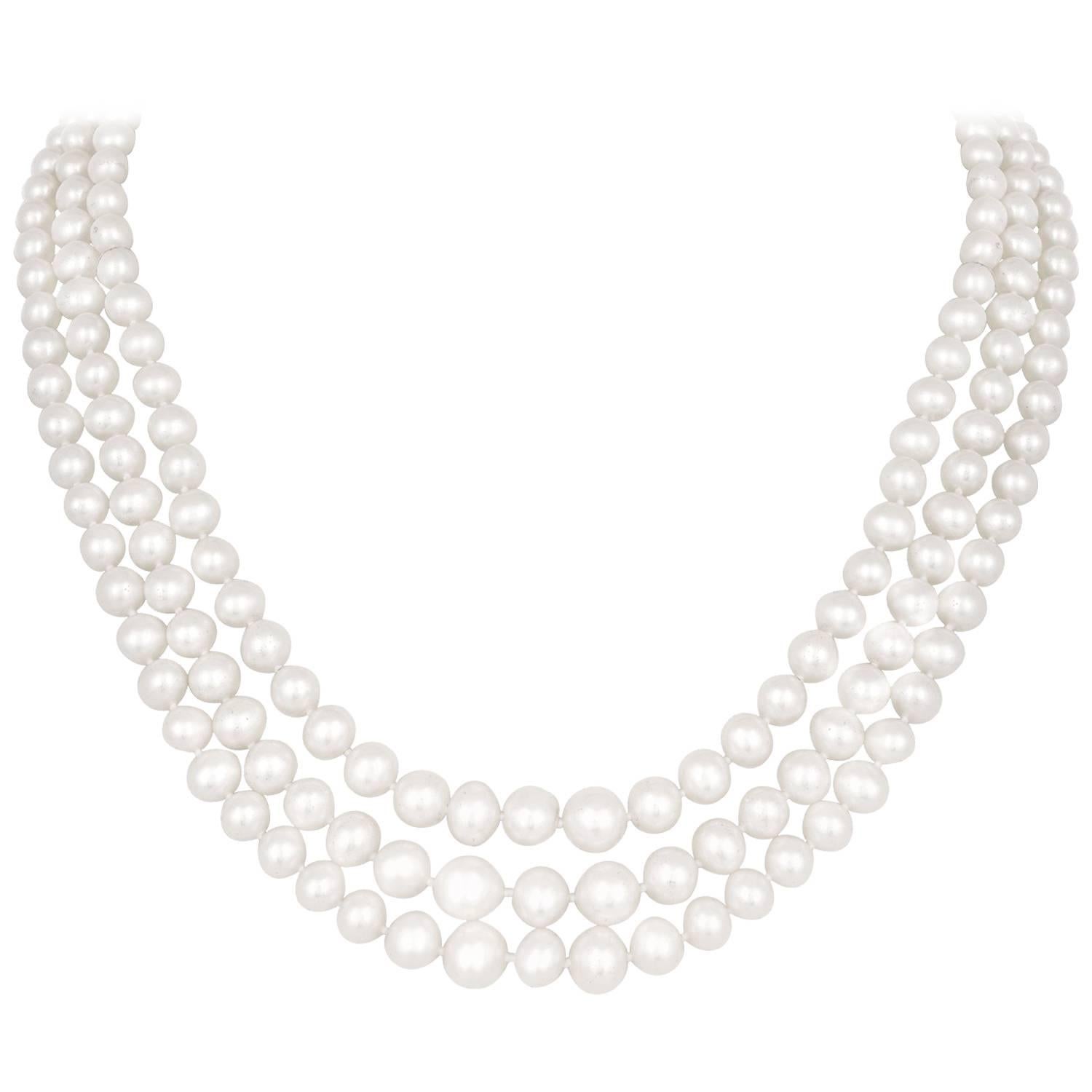 3 Strand Graduating Fresh Water Cultured Pearl Gold Necklace at 1stDibs