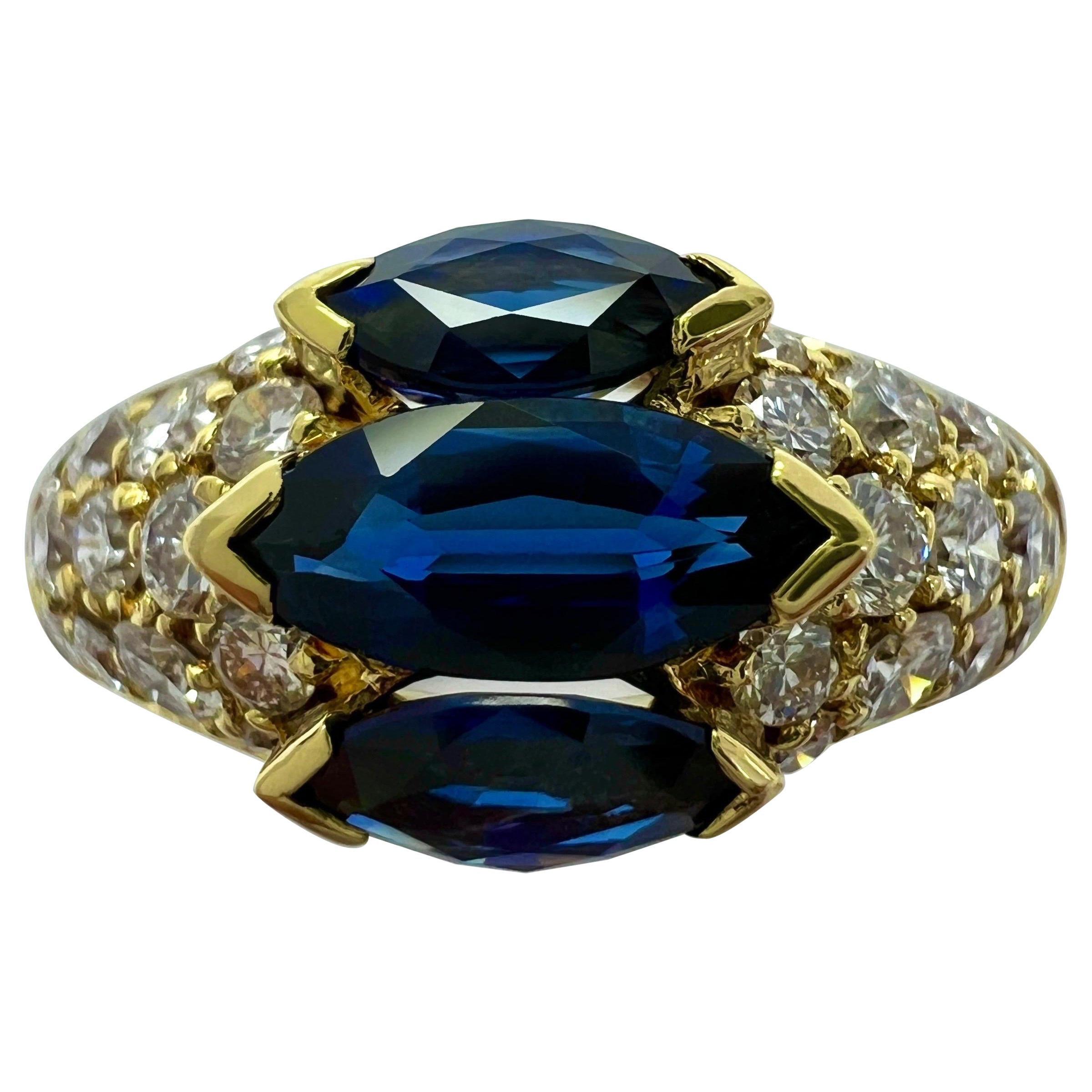 Rare Vintage Van Cleef & Arpels Marquise Blue Sapphire And Diamond Cocktail Ring For Sale
