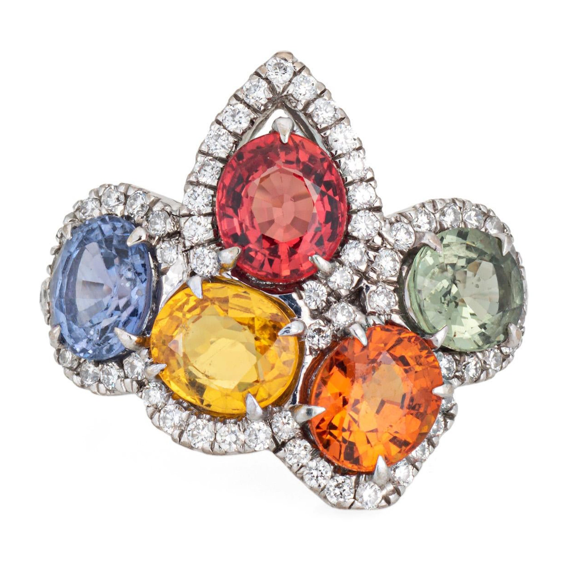 Rainbow Sapphire Diamond Ring Estate 18k Weißgold Mosaik Band gefärbt Sz 5,5 im Angebot