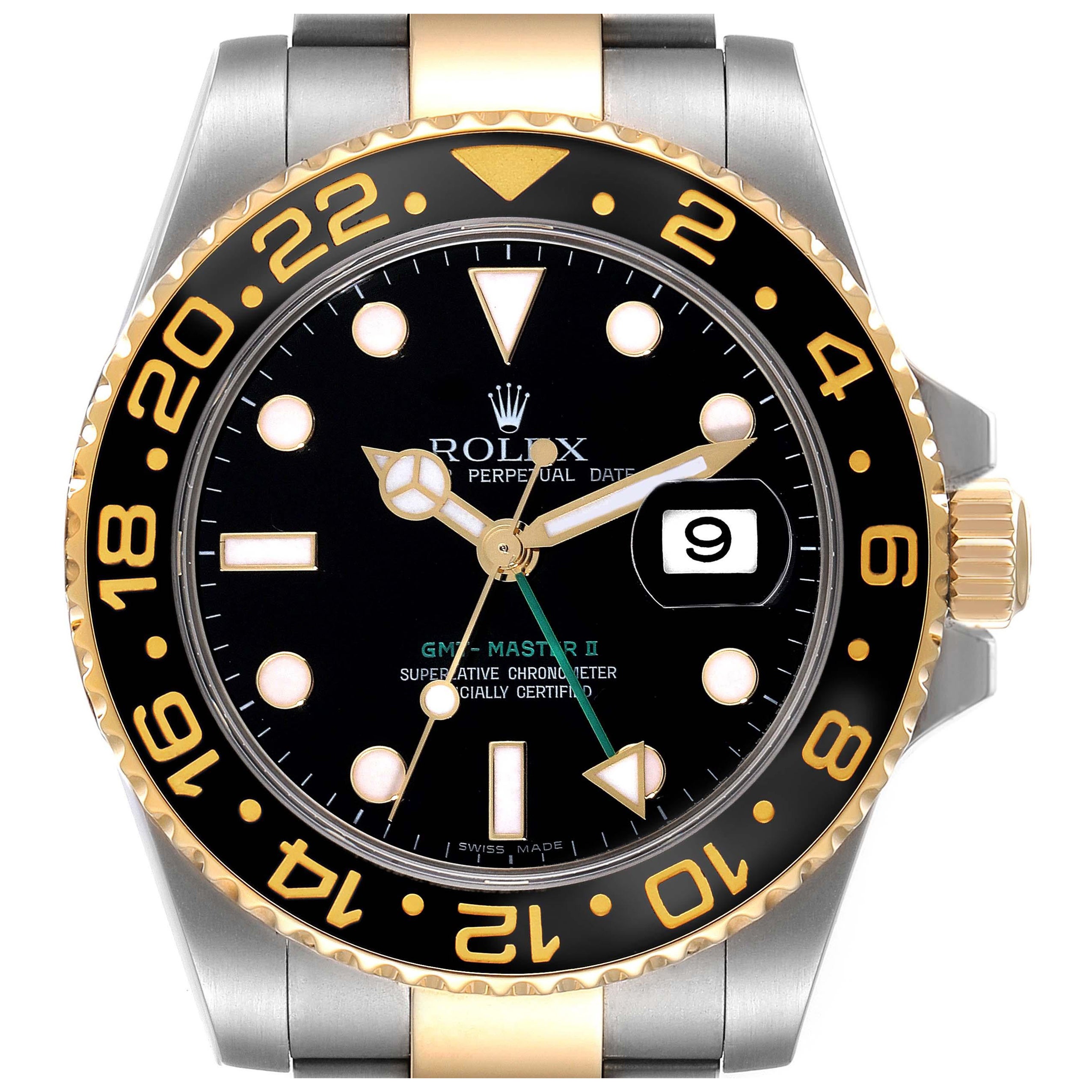 Rolex GMT Master II Steel Yellow Gold Black Dial Mens Watch 116713 Box Card