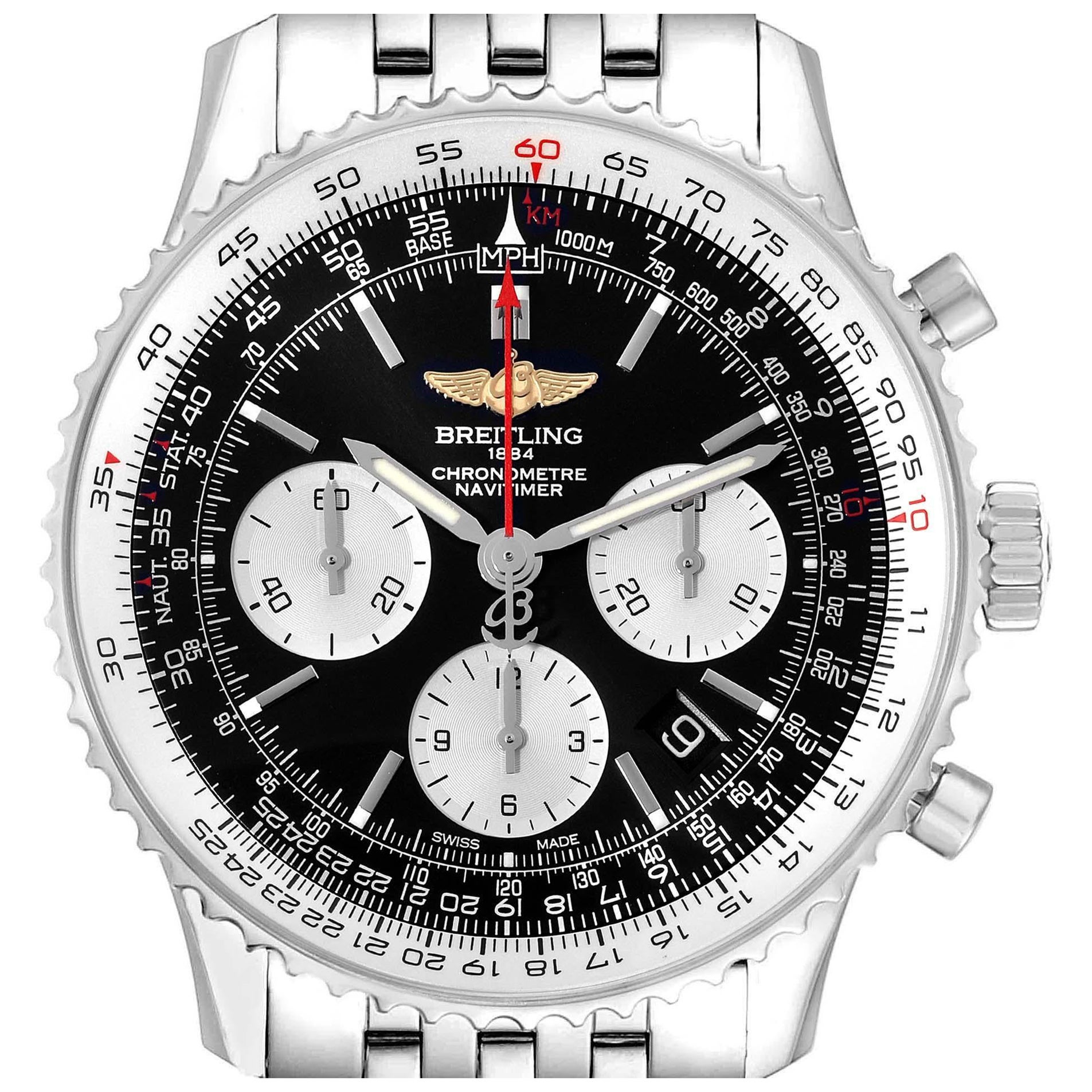 Breitling Navitimer 01 Stahl-Herrenuhr AB0120 mit schwarzem Zifferblatt und Karton