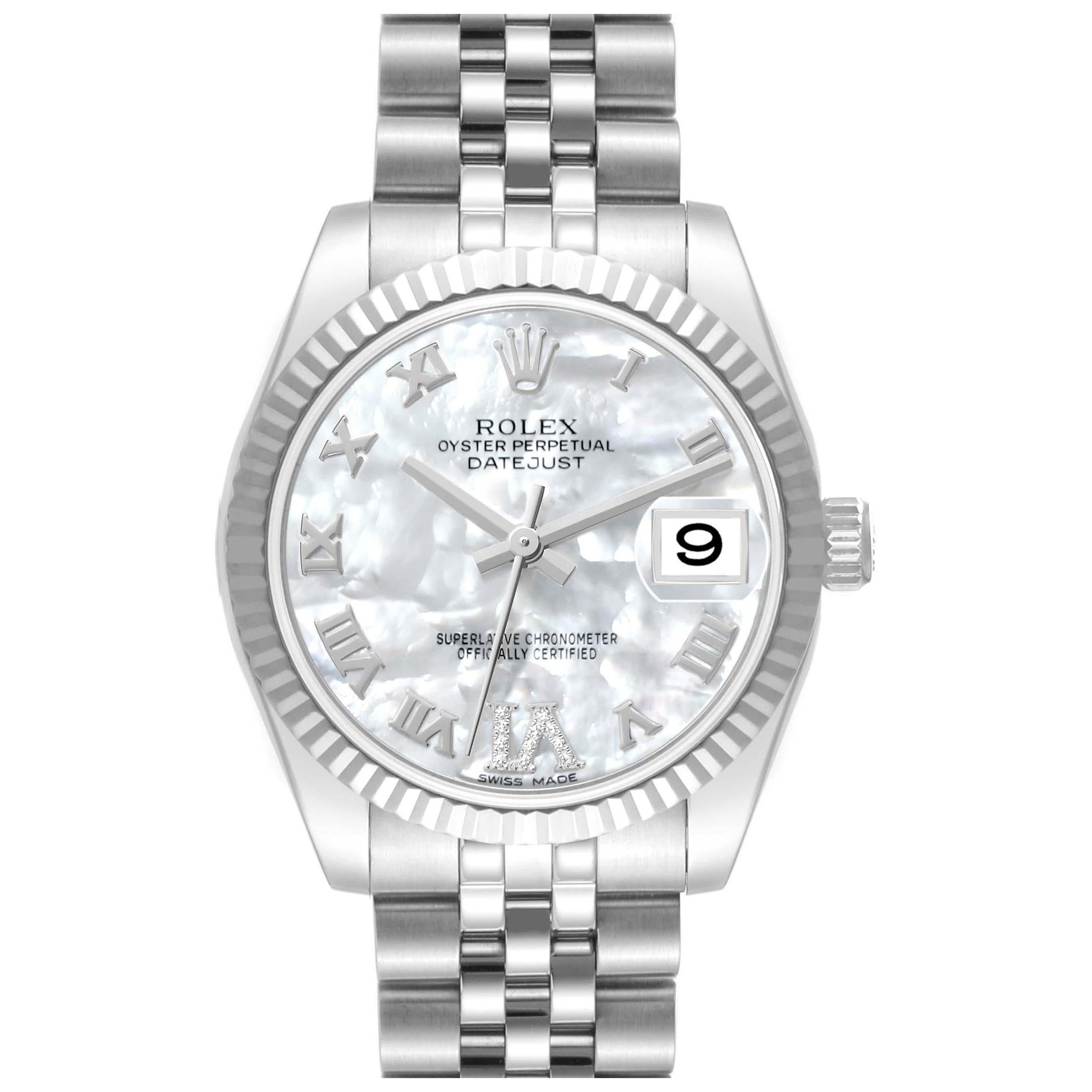 Rolex Datejust Midsize Mother Of Pearl Diamond Dial Steel White Gold Watch