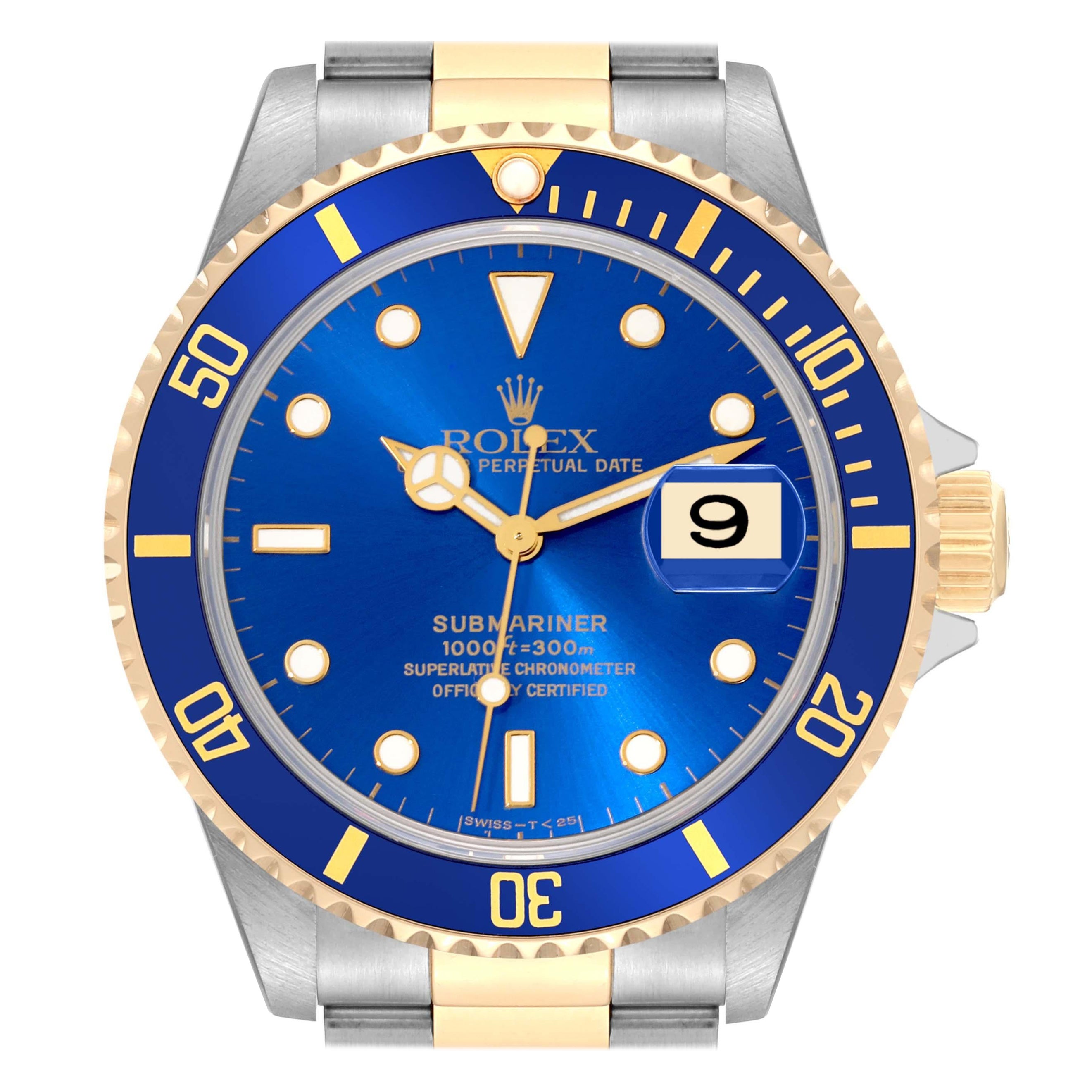 Montre Rolex Submariner à cadran bleu, acier, or jaune, pour hommes, 16613, boîte et documents. en vente