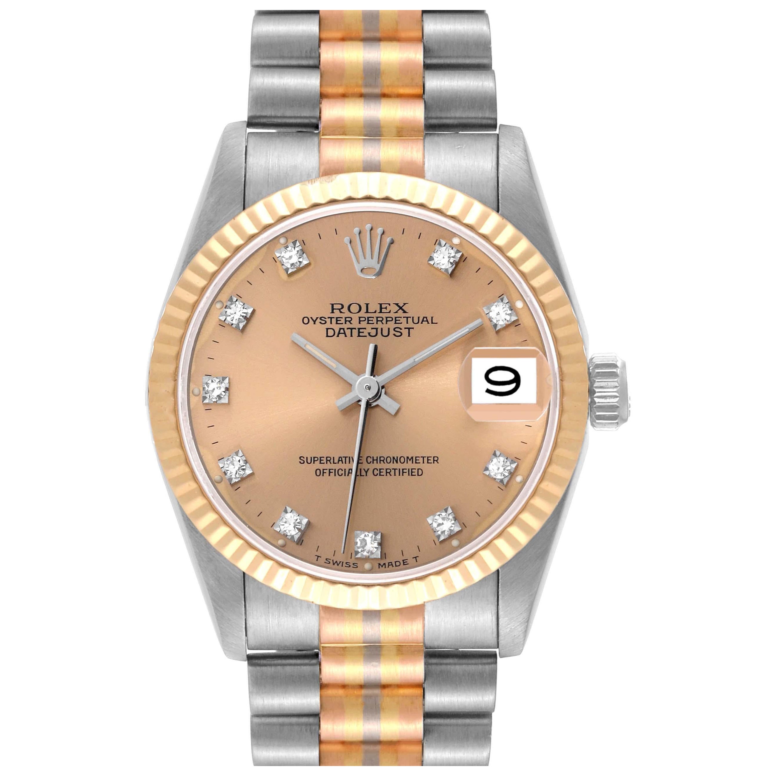 Rolex President Midsize Tridor White Yellow Rose Gold Diamond Ladies Watch 68279 For Sale