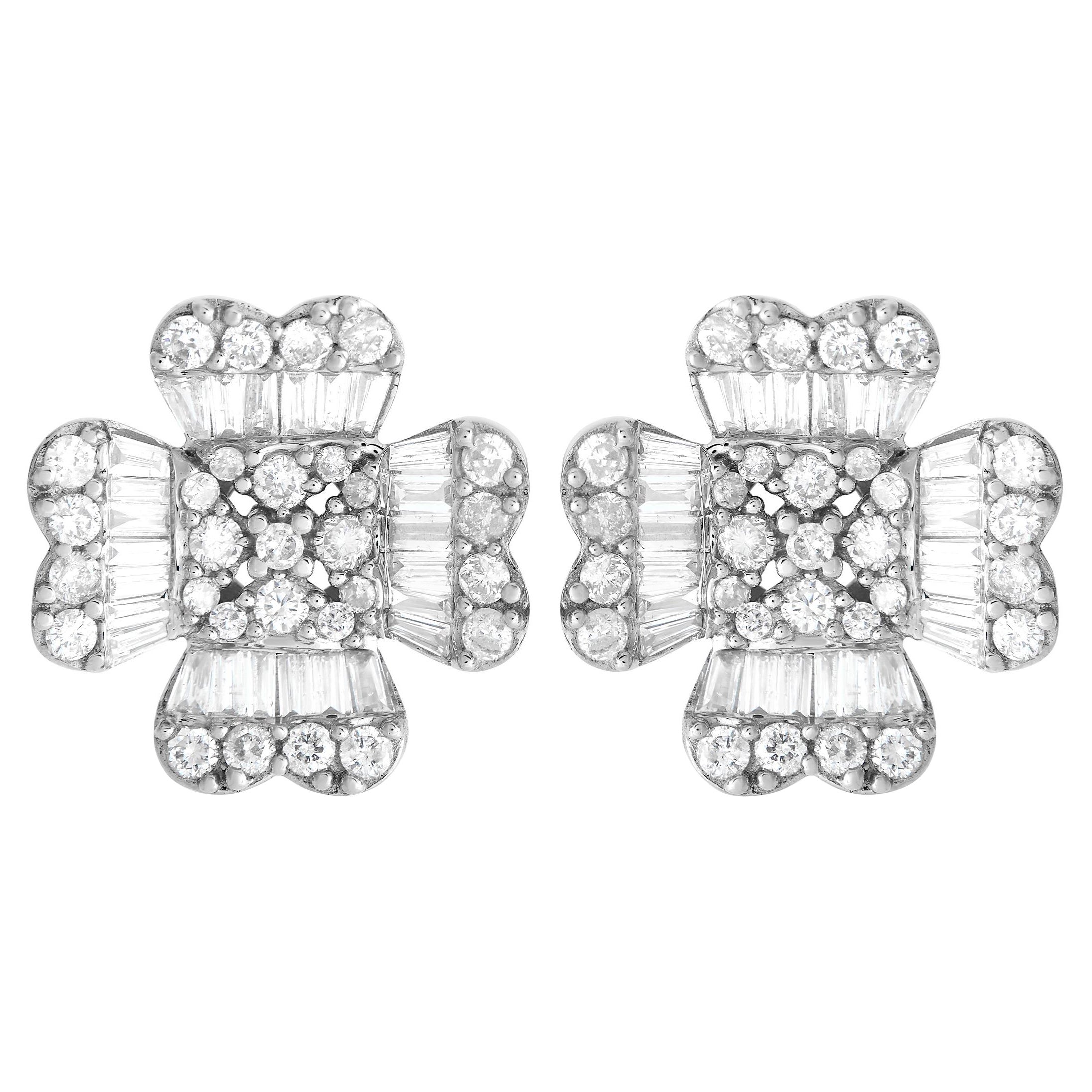 14K White Gold 1.0ct Diamond Round and Baguette Flower Earrings ER28435-W For Sale