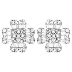 14K White Gold 1.0ct Diamond Round and Baguette Flower Earrings ER28435-W