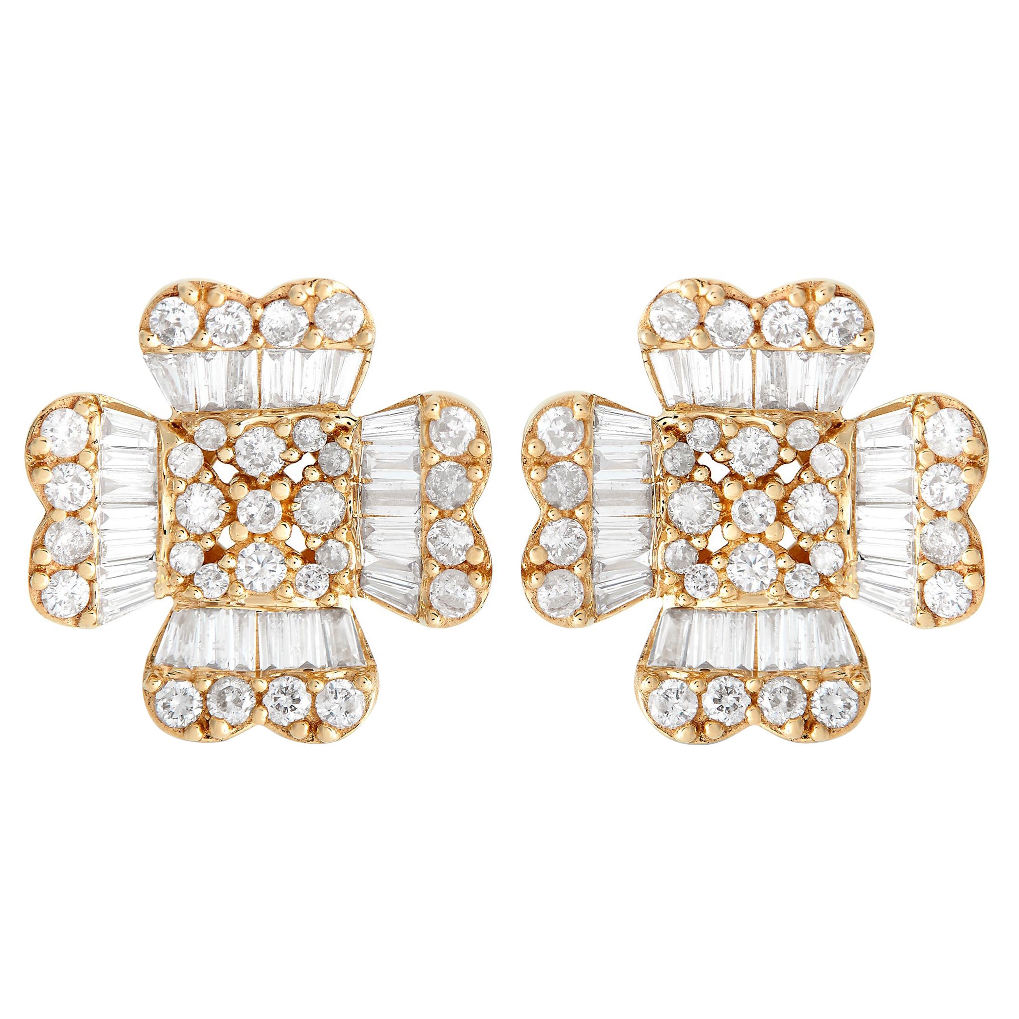 14K Yellow Gold 1.0ct Diamond Round and Baguette Flower Earrings ER28436