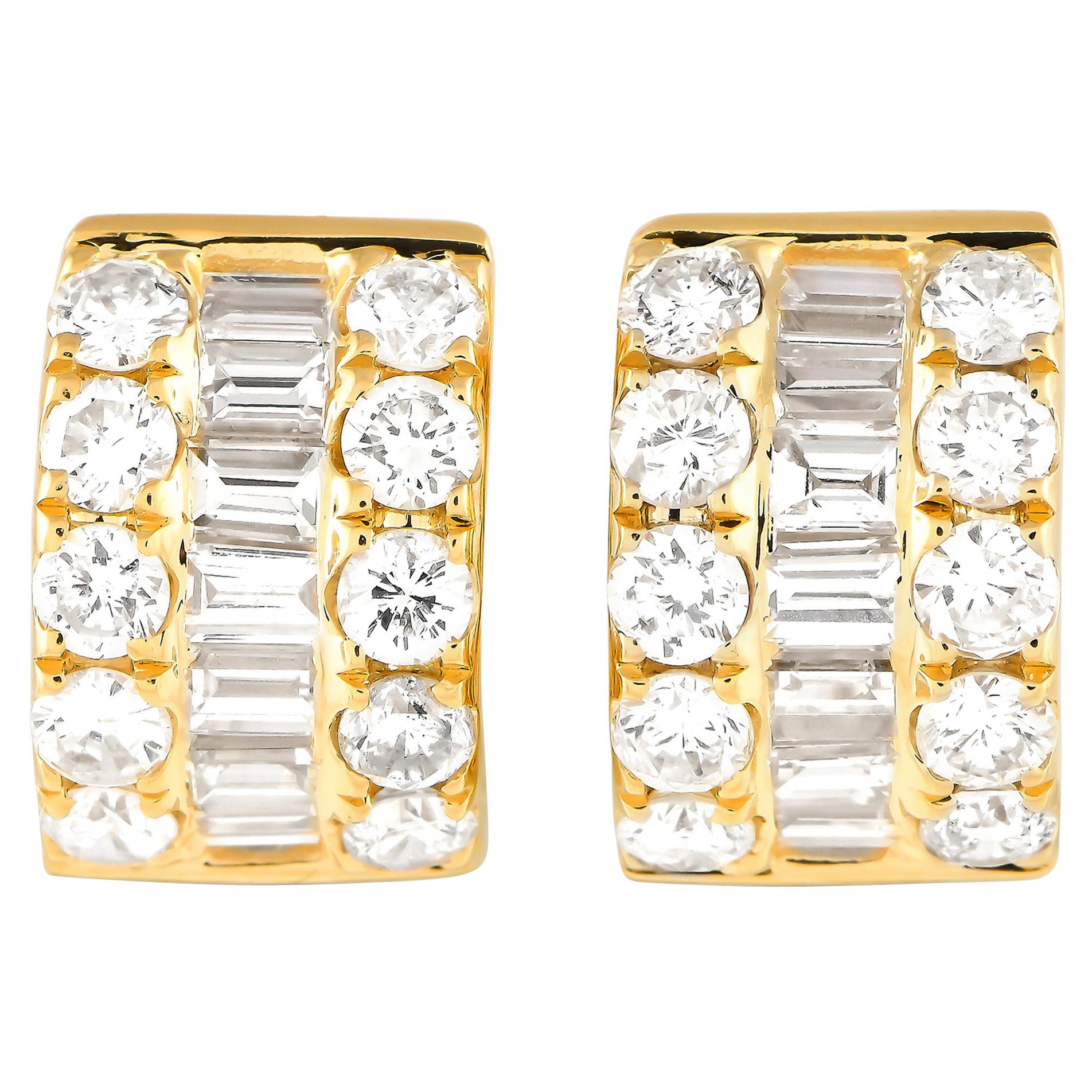 18K Yellow Gold 1.42ct Diamond Three-Row Huggie Hoop Earrings AER-18747-Y