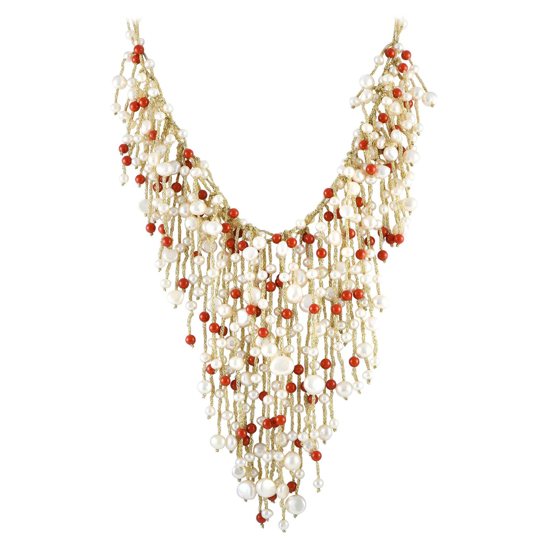 14K Yellow Gold Pearl and Coral Fringe Necklace MF03-021924 For Sale
