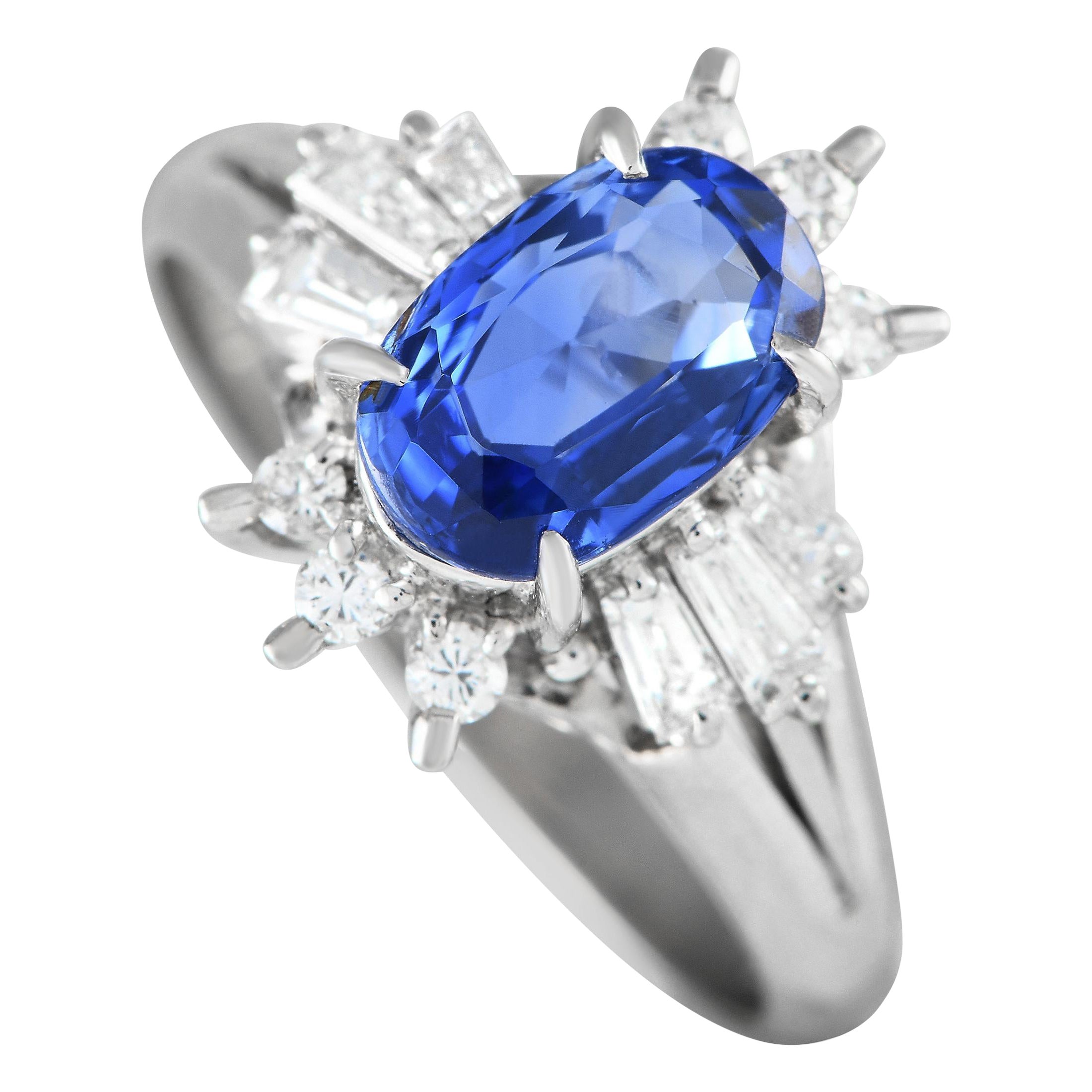 Platinum 0.43ct Diamond and Sapphire Sunburst Halo Ring MF11-021324 For Sale