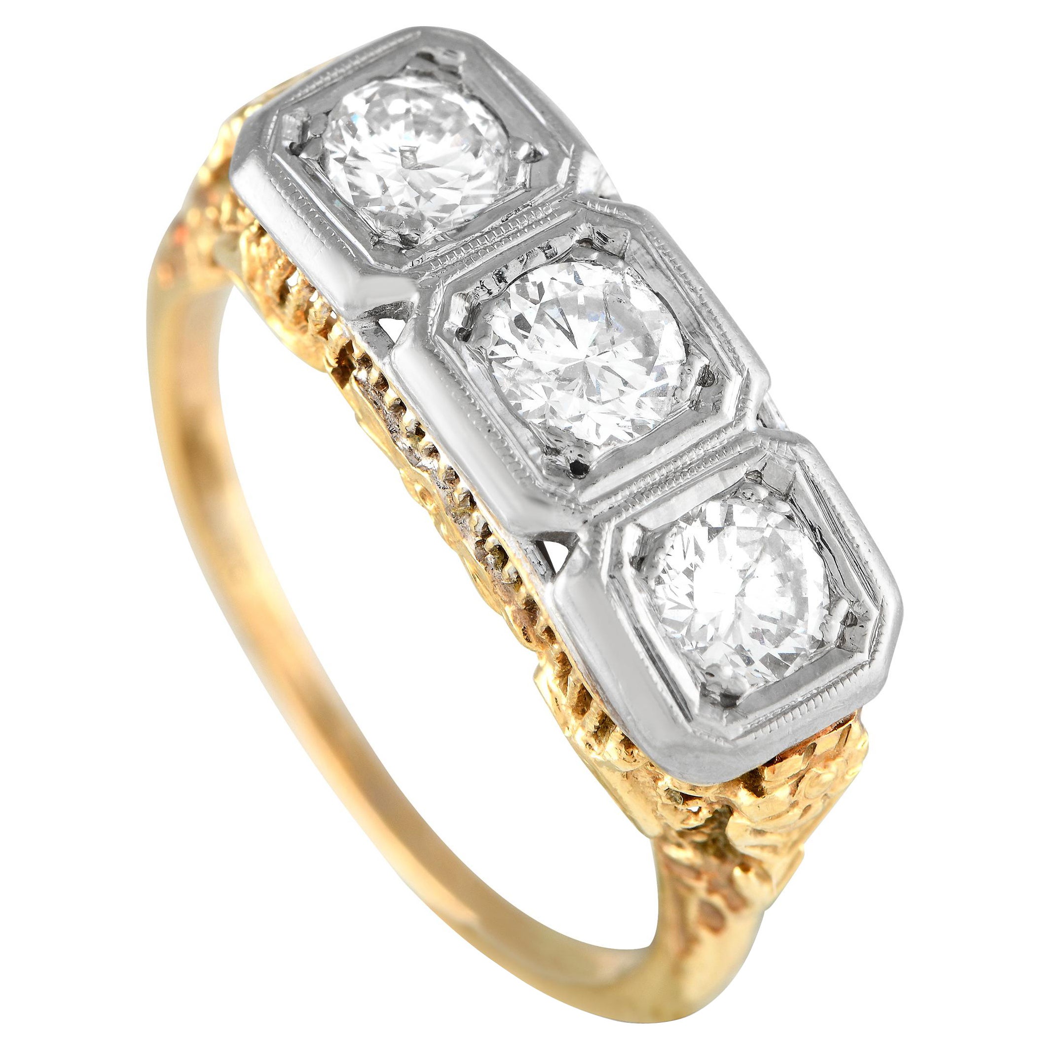 Antiker dreisteiniger Ring aus 14 Karat Gelbgold und Weißgold mit 1,01 Karat Diamanten 