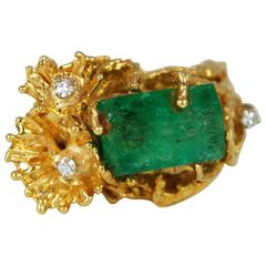 Raw Emerald Diamond Gold Freeform Modern Ring 