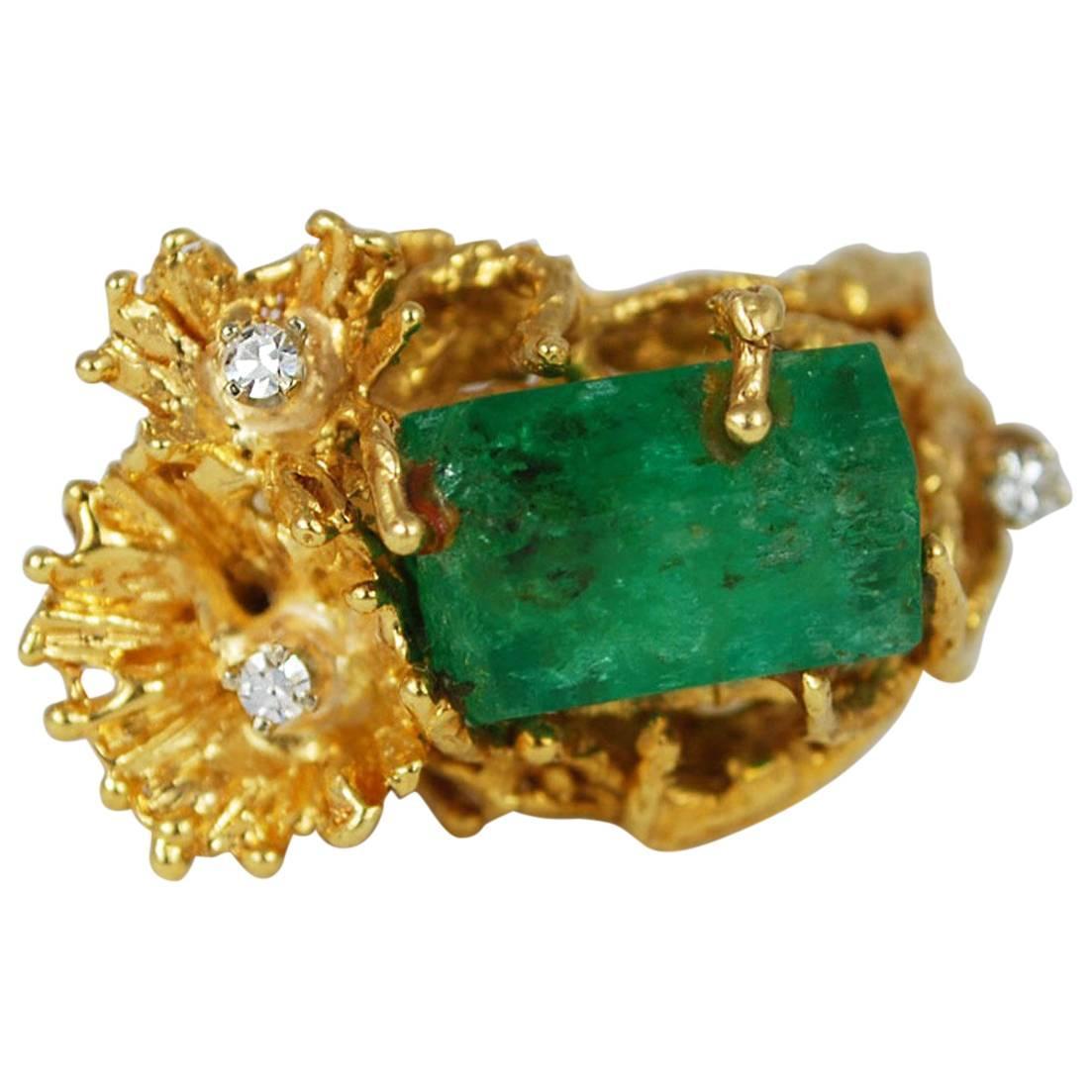 Raw Emerald Diamond Gold Freeform Modern Ring For Sale at 1stdibs