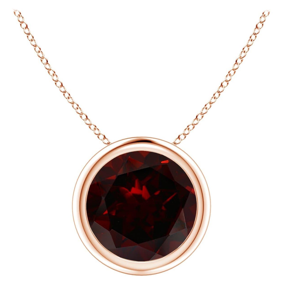 Pendentif solitaire en or rose 14 carats, grenat rond 2,2 ct, serti clos Nature en vente