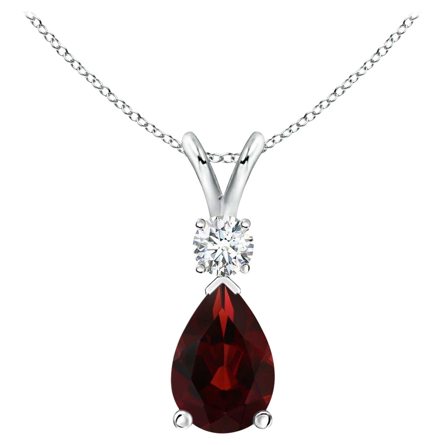 Natural 3.5ct Garnet Teardrop Pendant with Diamond in 14K White Gold For Sale