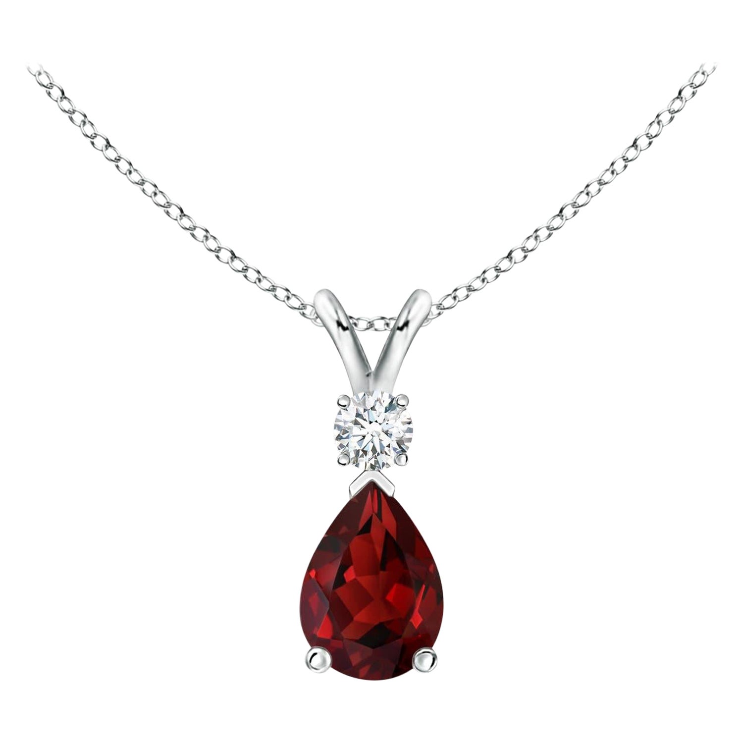 Natural 0.85ct Garnet Teardrop Pendant with Diamond in 14K White Gold For Sale
