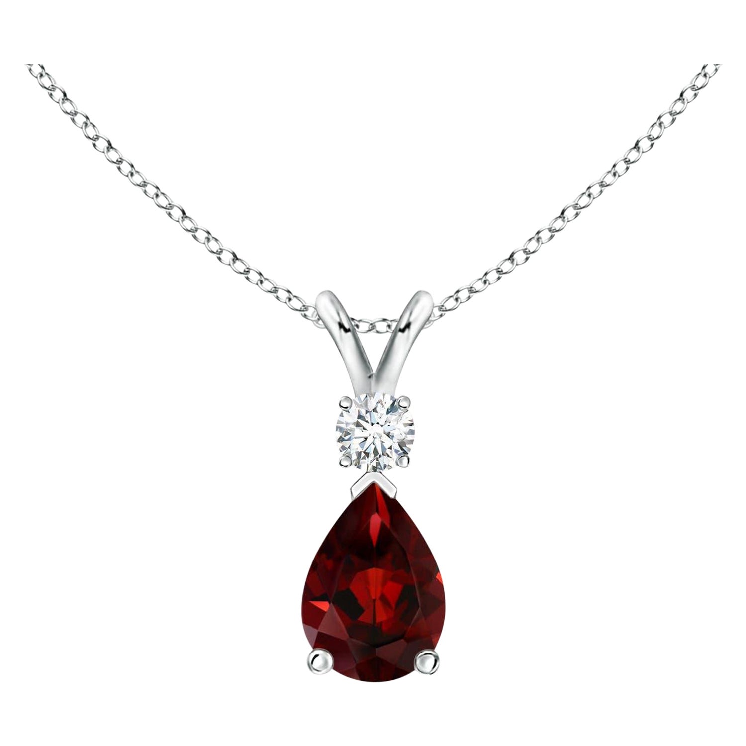 Natural 0.85ct Garnet Teardrop Pendant with Diamond in 14K White Gold For Sale