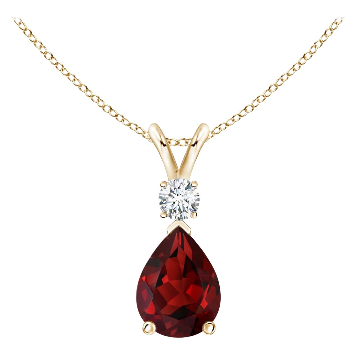 Natural 1.3ct Garnet Teardrop Pendant with Diamond in 14K Yellow Gold For Sale