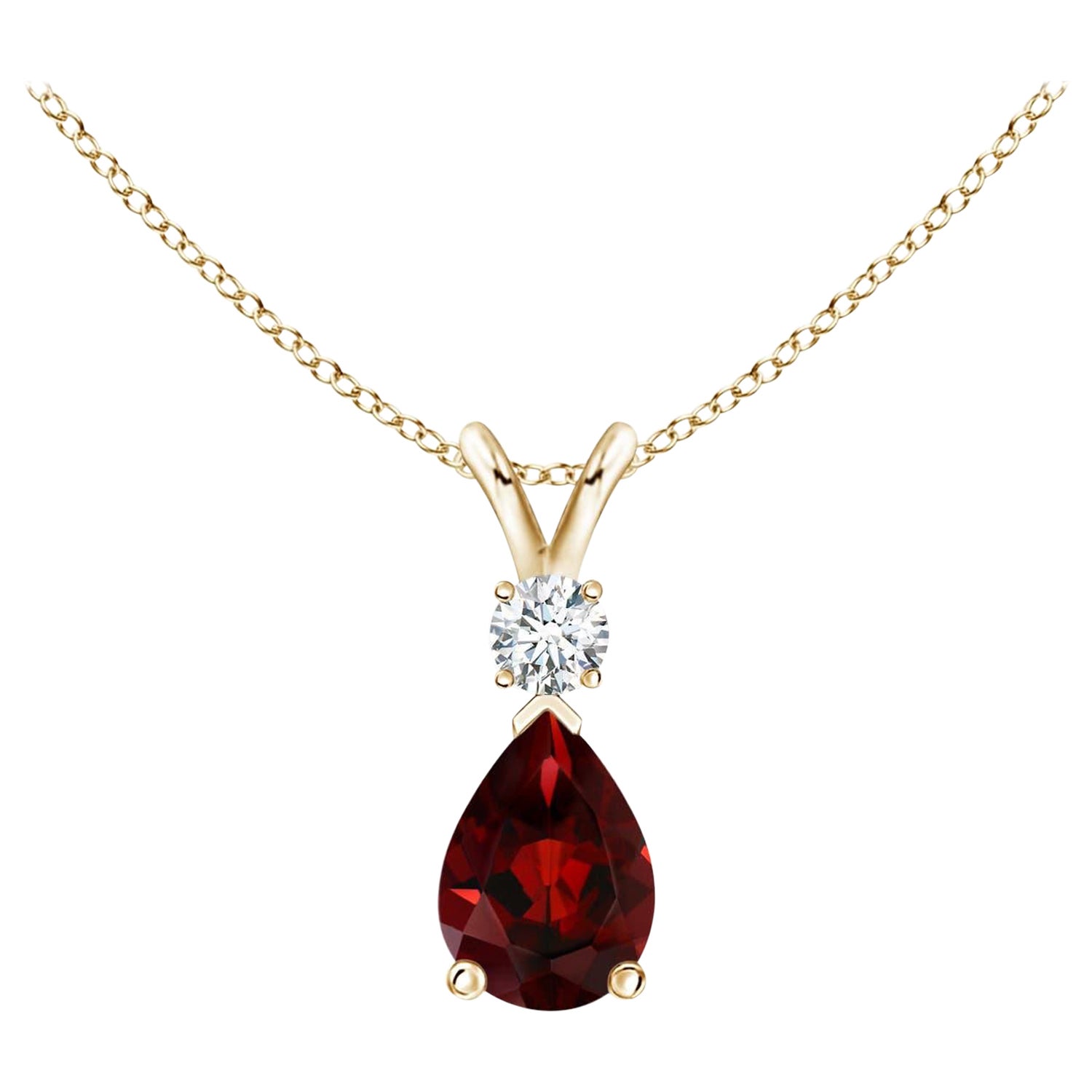 Natural 0.85ct Garnet Teardrop Pendant with Diamond in 14K Yellow Gold For Sale