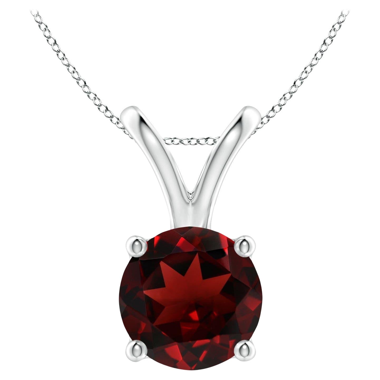 Natural V-Bale Round 3.2ct Garnet Solitaire Pendant in 14K White Gold For Sale