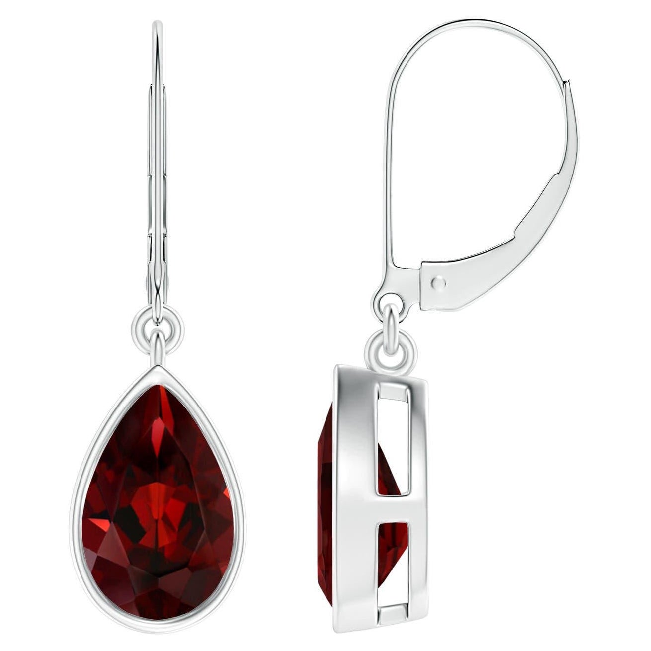 Natural Bezel-Set Pear 3ct Garnet Leverback Drop Earrings in Platinum