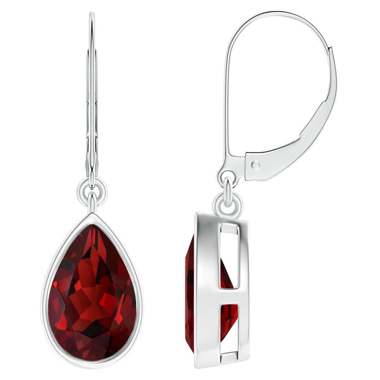 Natural Bezel-Set Pear 3ct Garnet Leverback Drop Earrings in Platinum For Sale