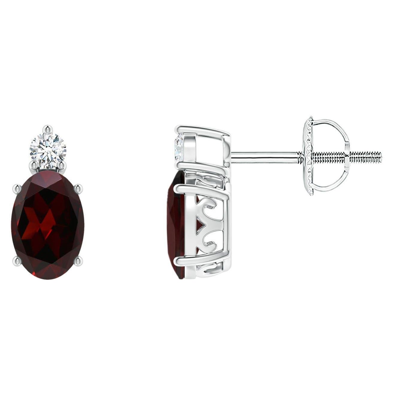 Natural Oval 1.1ct Garnet Stud Earrings with Diamond in Platinum (Size-6x4mm) For Sale