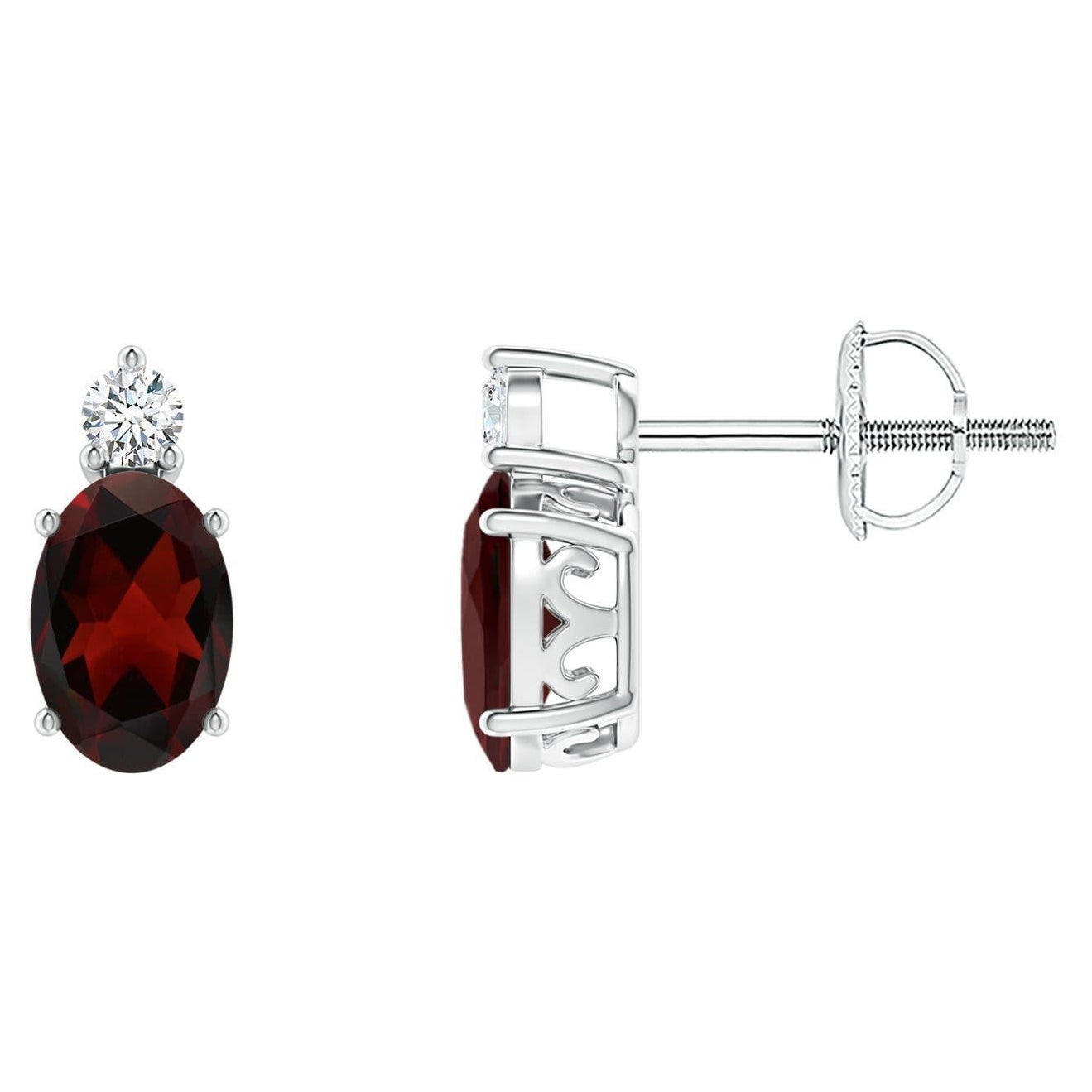 Natural Oval 1.1ct Garnet Stud Earrings with Diamond in Platinum (Size-6x4mm) For Sale