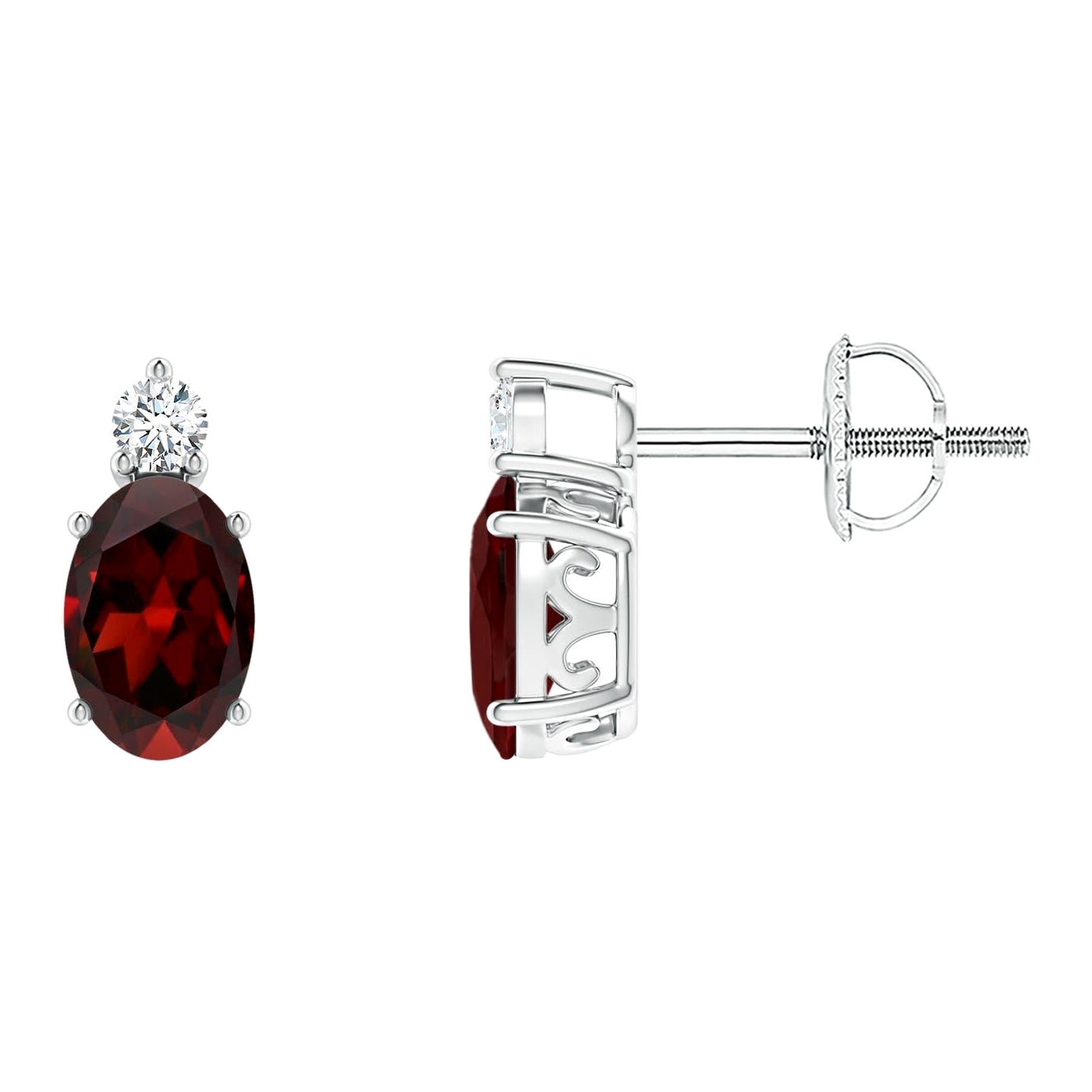 Natural Oval 1.1ct Garnet Stud Earrings with Diamond in Platinum (Size-6x4mm) For Sale