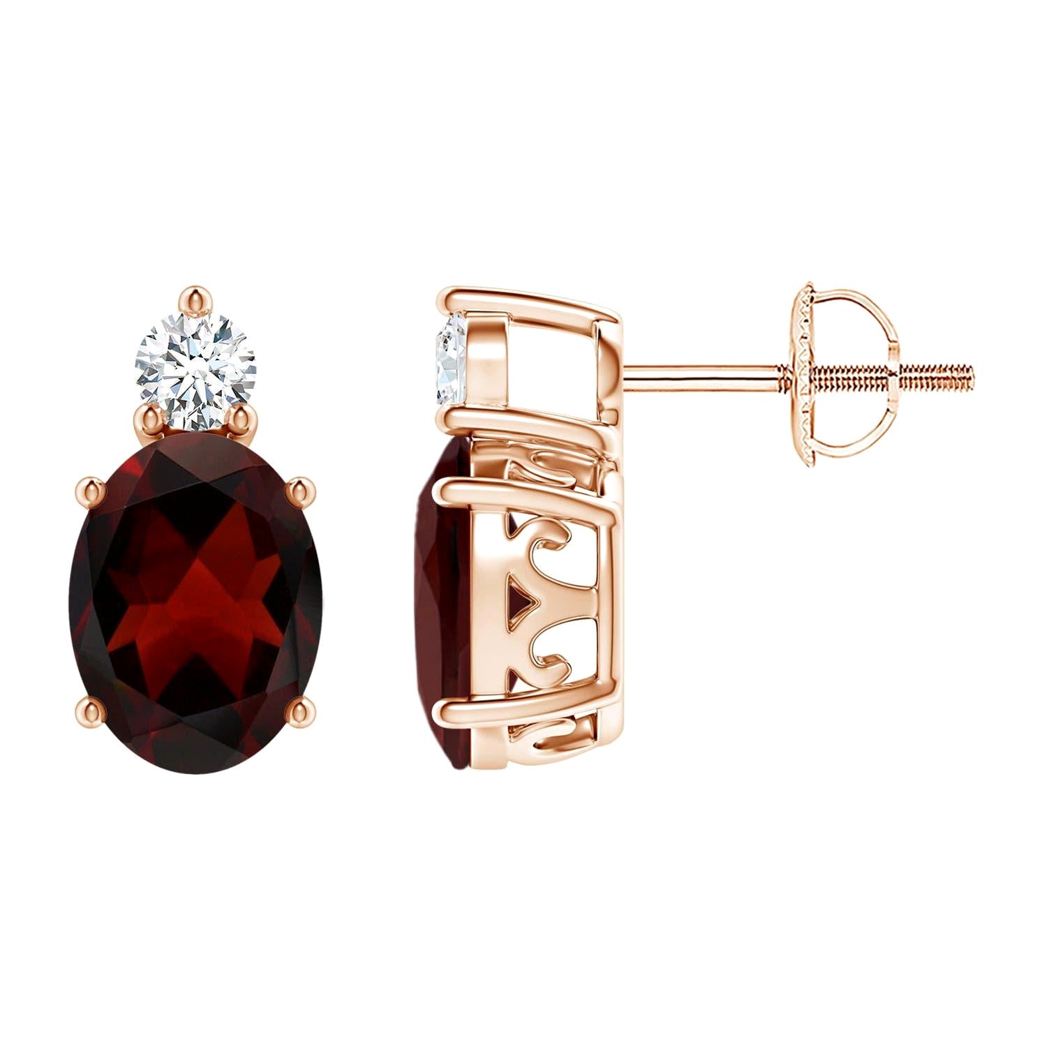 Natural Oval 2.9ct Garnet Stud Earrings with Diamond in 14K Rose Gold