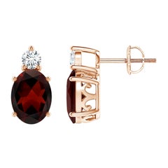 Natural Oval 2.9ct Garnet Stud Earrings with Diamond in 14K Rose Gold