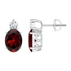 Natural Oval 2.9ct Garnet Stud Earrings with Diamond in Platinum