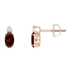 Natural Oval 0.50ct Garnet Stud Earrings with Diamond in 14K Rose Gold