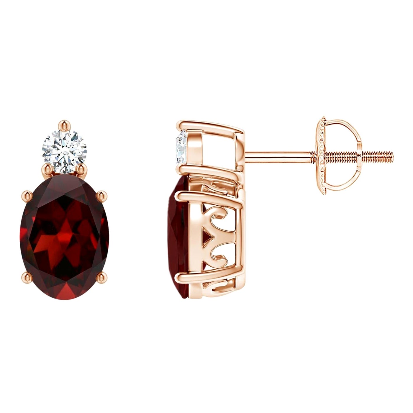 Natural Oval 1.8ct Garnet Stud Earrings w/ Diamond in 14K Rose Gold (Size-7x5mm) For Sale