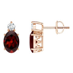 Natural Oval 1.8ct Garnet Stud Earrings w/ Diamond in 14K Rose Gold (Size-7x5mm)