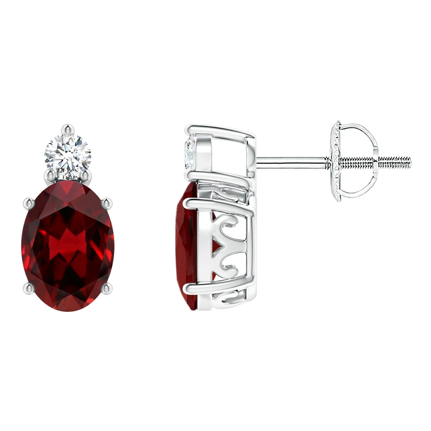 Natural Oval 1.8ct Garnet Stud Earrings with Diamond in Platinum (Size-7x5mm) For Sale
