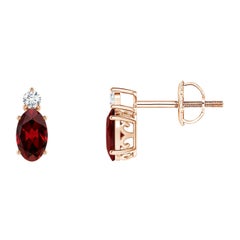 Natural Oval 0.50ct Garnet Stud Earrings with Diamond in 14K Rose Gold