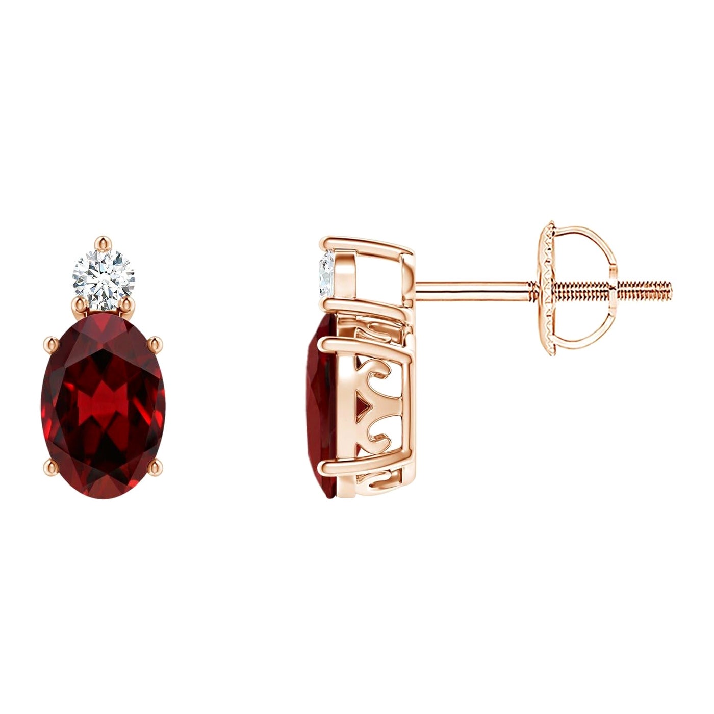 Natural Oval 1.1ct Garnet Stud Earrings w/ Diamond in 14K Rose Gold (Size-6x4mm) For Sale