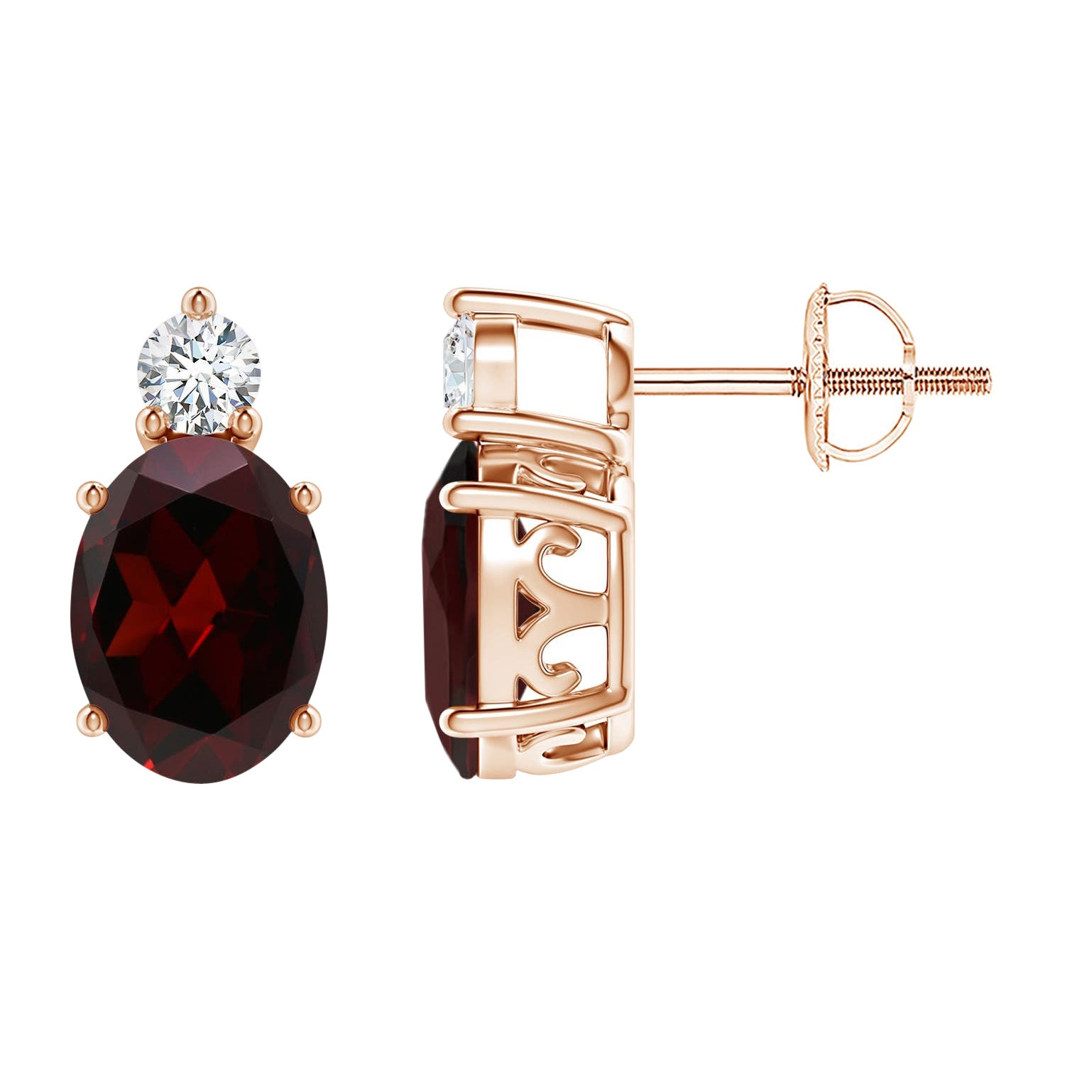Natural Oval 2.9ct Garnet Stud Earrings with Diamond in 14K Rose Gold